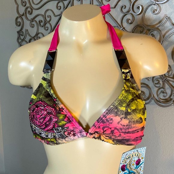 Sinful Other - Sinful by Affliction Hydrogen Pyramid Triangle Bikini Top Medium Pink Green New